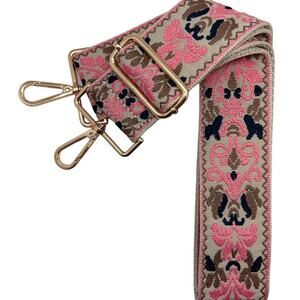 Pink Boho Parisian Tapestry Adjustable Crossbody Bag Purse Guitar Strap Silver